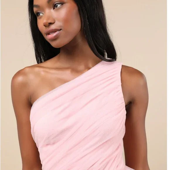 Lulus Exceptional Moments Light Pink Swiss Dot One-shoulder Mini Dress - Size S - Picture 3 of 8